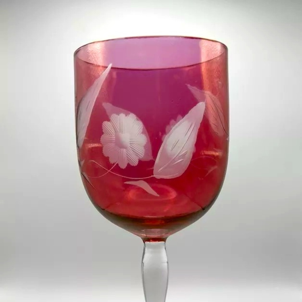 Vintage GLASTONBURY-LOTUS CRANBERRY  Eched Leaf Set of 6 STEMWARE Water 7 5/8"